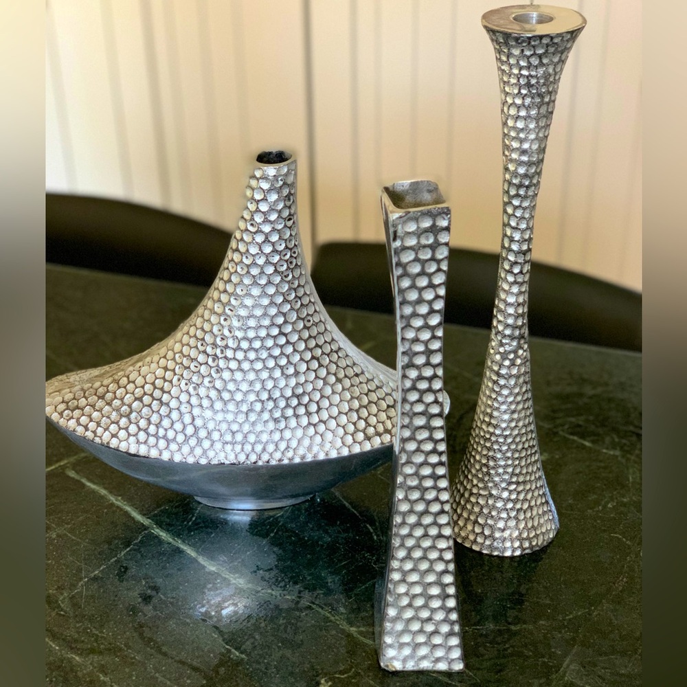THREE HANDS | Set of 3 | Hammered Metal Decorative Set | 2 Vases 1 Candleholder